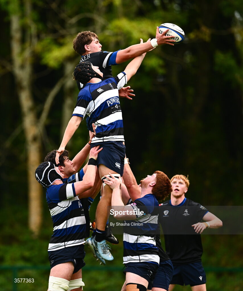26 September 2026; Stephen Woods of Wanderers and Dara Walsh of Galway Corinthians contest a high ball during the Energia Men's All-Ireland League Division 2A match between Galway Corinthians and Wanderers at Dangan Sportground in Galway. Photo by Shauna Clinton/Sportsfile