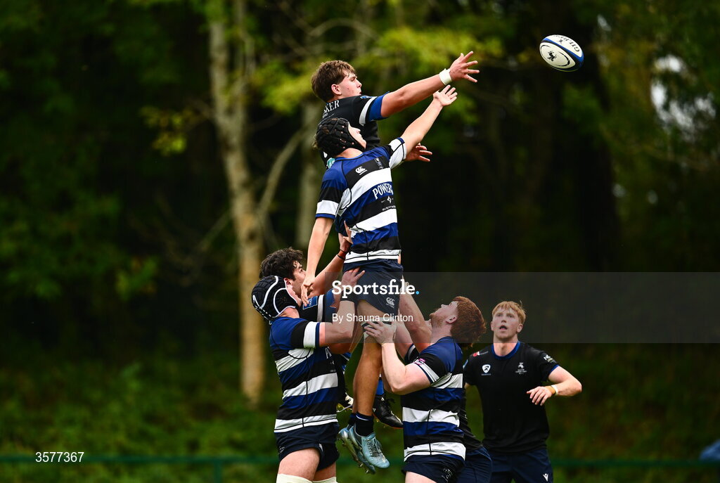 26 September 2026; Stephen Woods of Wanderers and Dara Walsh of Galway Corinthians contest a high ball during the Energia Men's All-Ireland League Division 2A match between Galway Corinthians and Wanderers at Dangan Sportground in Galway. Photo by Shauna Clinton/Sportsfile