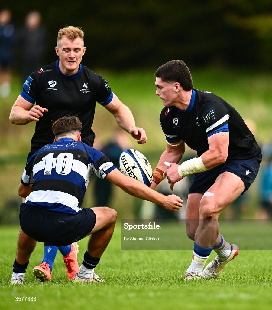 26 September 2026; Liam McNamee Mas of Galway Corinthians in action against Cathal MacGearailt of Wanderers during the Energia Men's All-Ireland League Division 2A match between Galway Corinthians and Wanderers at Dangan Sportground in Galway. Photo by Shauna Clinton/Sportsfile