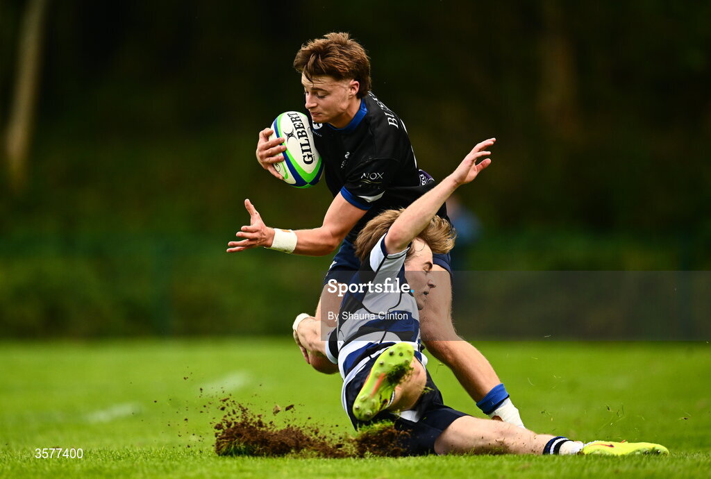 26 September 2026; Aiden Vetjens of Galway Corinthians is tackled by Sean Sexton of Wanderers during the Energia Men's All-Ireland League Division 2A match between Galway Corinthians and Wanderers at Dangan Sportground in Galway. Photo by Shauna Clinton/Sportsfile