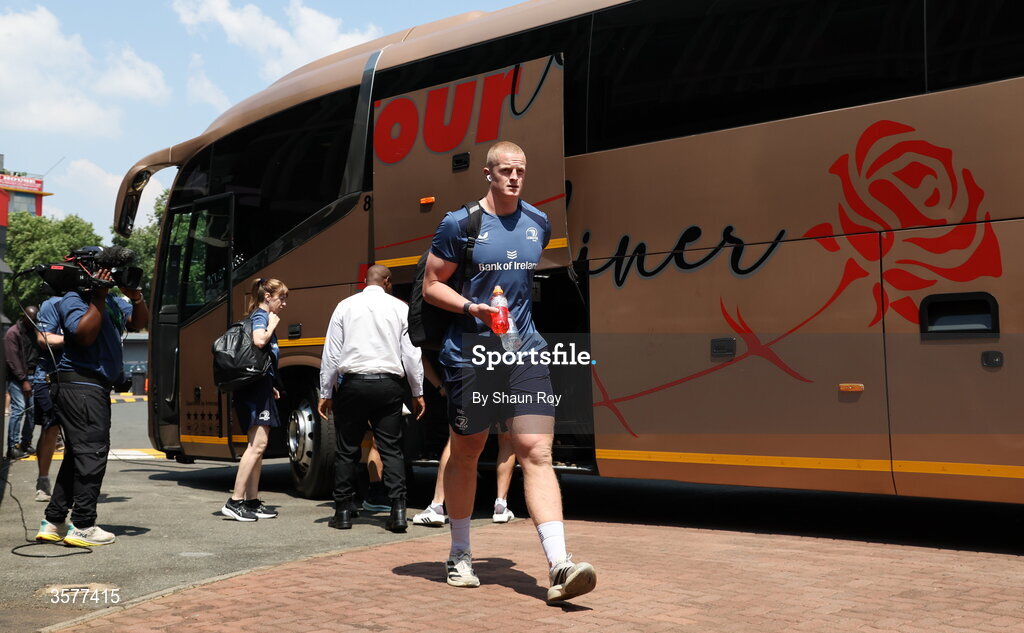 26 September 2026; Dylan McNeice of Leinster arrives before the United Rugby Championship match between Lions and Leinster at Ellis Park in Johannesburg, South Africa. Photo by Shaun Roy/Sportsfile