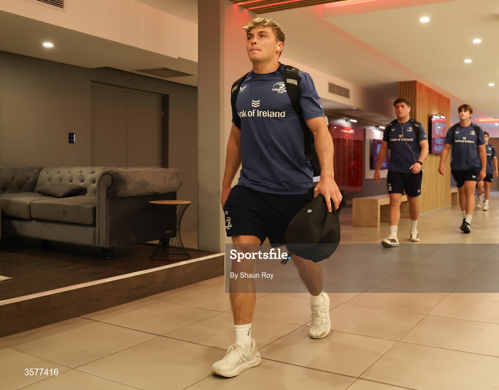 26 September 2026; Fintan Gunne of Leinster arrives before the United Rugby Championship match between Lions and Leinster at Ellis Park in Johannesburg, South Africa. Photo by Shaun Roy/Sportsfile