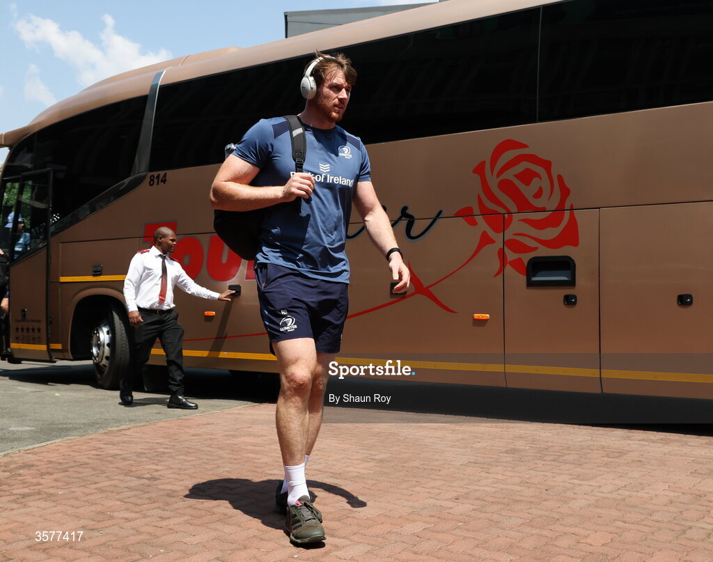 26 September 2026; Ryan Baird of Leinster arrives before the United Rugby Championship match between Lions and Leinster at Ellis Park in Johannesburg, South Africa. Photo by Shaun Roy/Sportsfile