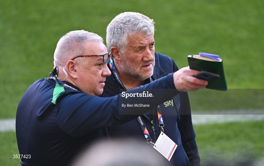 26 September 2026; FAI President Paul Cooke, right, and FAI head of security Joe McGlue during the Republic of Ireland training session at Nagyerdei Stadion in Debrecen, Hungary. Photo by Ben McShane/Sportsfile