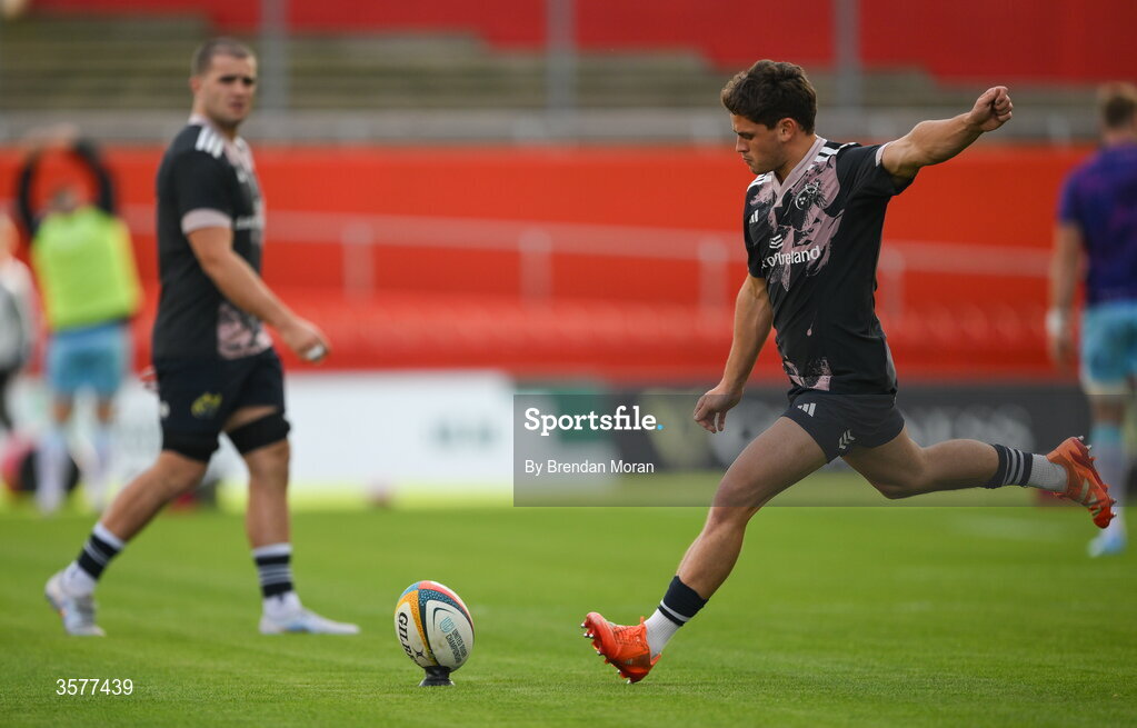 26 September 2026; Tony Butler of Munster warms up before the United Rugby Championship match between Munster and Glasgow Warriors at Thomond Park in Limerick. Photo by Brendan Moran/Sportsfile