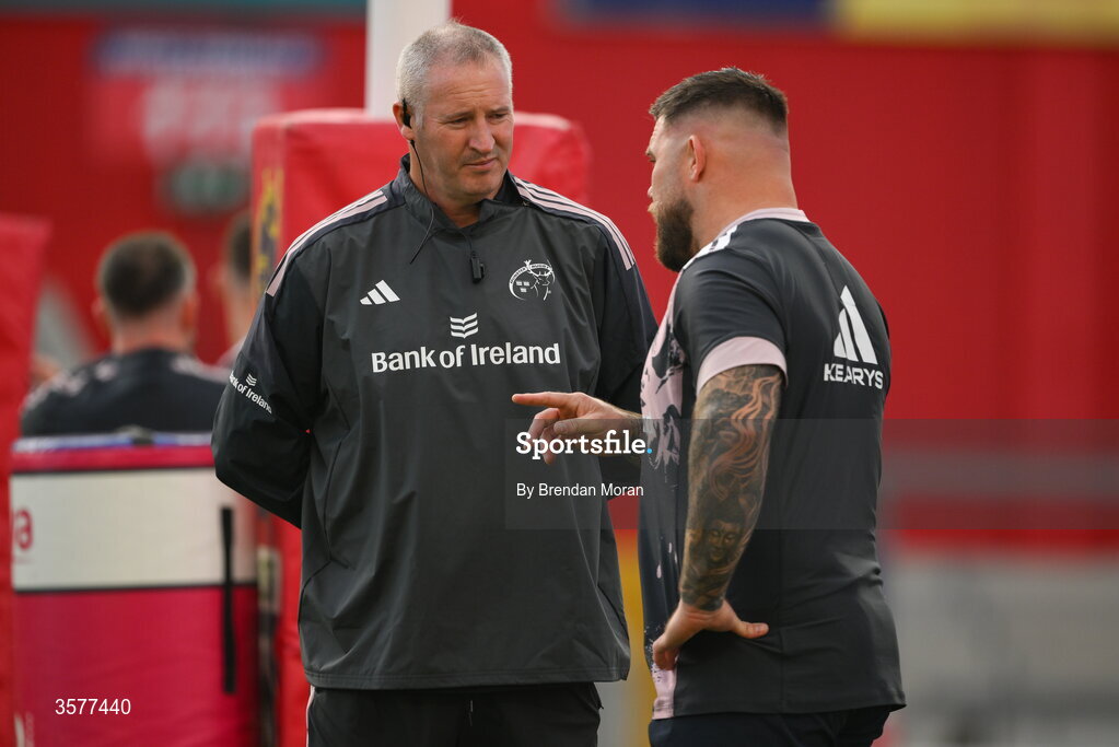 26 September 2026; Munster forwards coach Jimmy Duffy, left, with Kieran Brooks before the United Rugby Championship match between Munster and Glasgow Warriors at Thomond Park in Limerick. Photo by Brendan Moran/Sportsfile