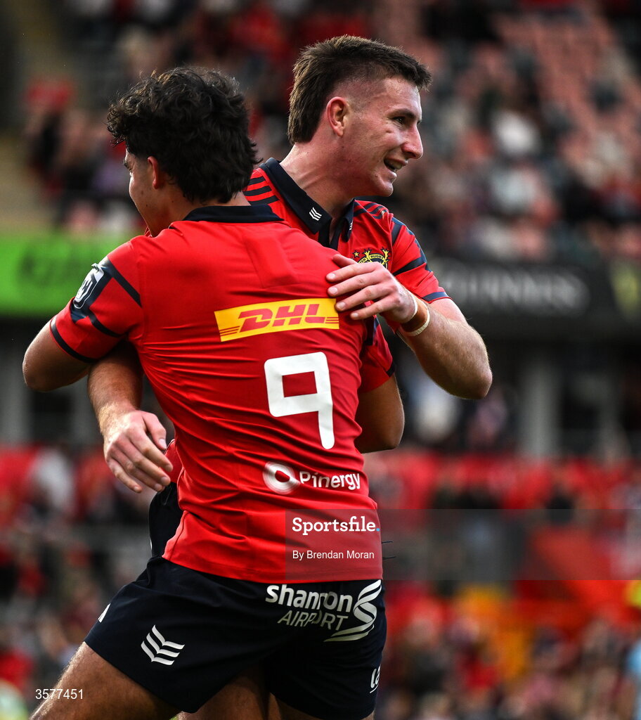 26 September 2026; Ben O’Connor of Munster celebrates with teammate Ben O’Donovan, left, after scoring their side's first try during the United Rugby Championship match between Munster and Glasgow Warriors at Thomond Park in Limerick. Photo by Brendan Moran/Sportsfile