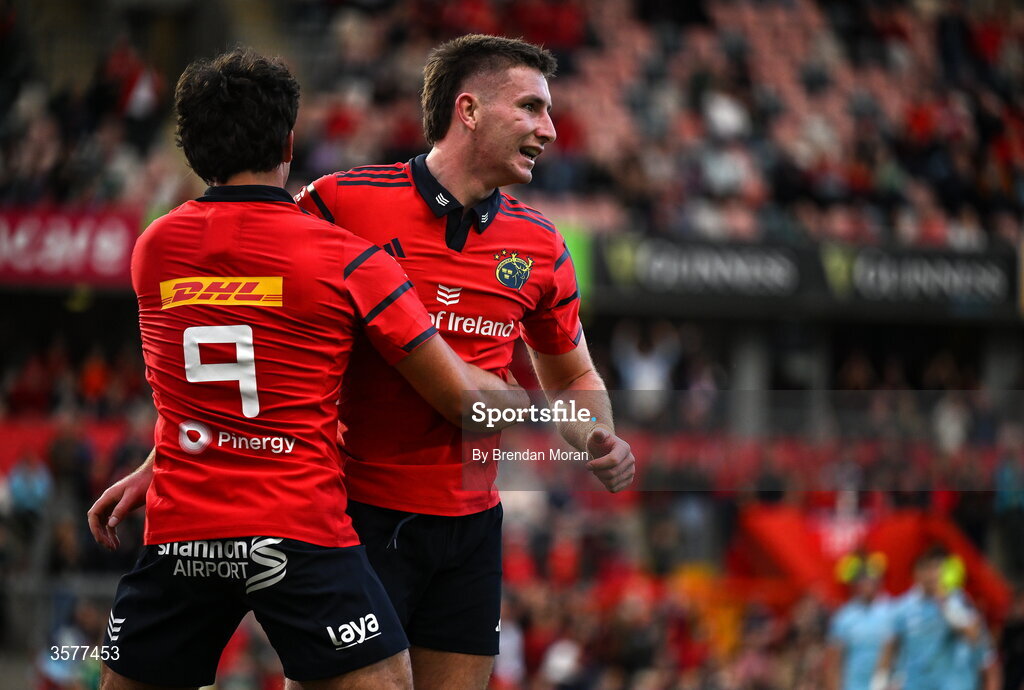 26 September 2026; Ben O’Connor of Munster celebrates with teammate Ben O’Donovan, left, after scoring their side's first try during the United Rugby Championship match between Munster and Glasgow Warriors at Thomond Park in Limerick. Photo by Brendan Moran/Sportsfile