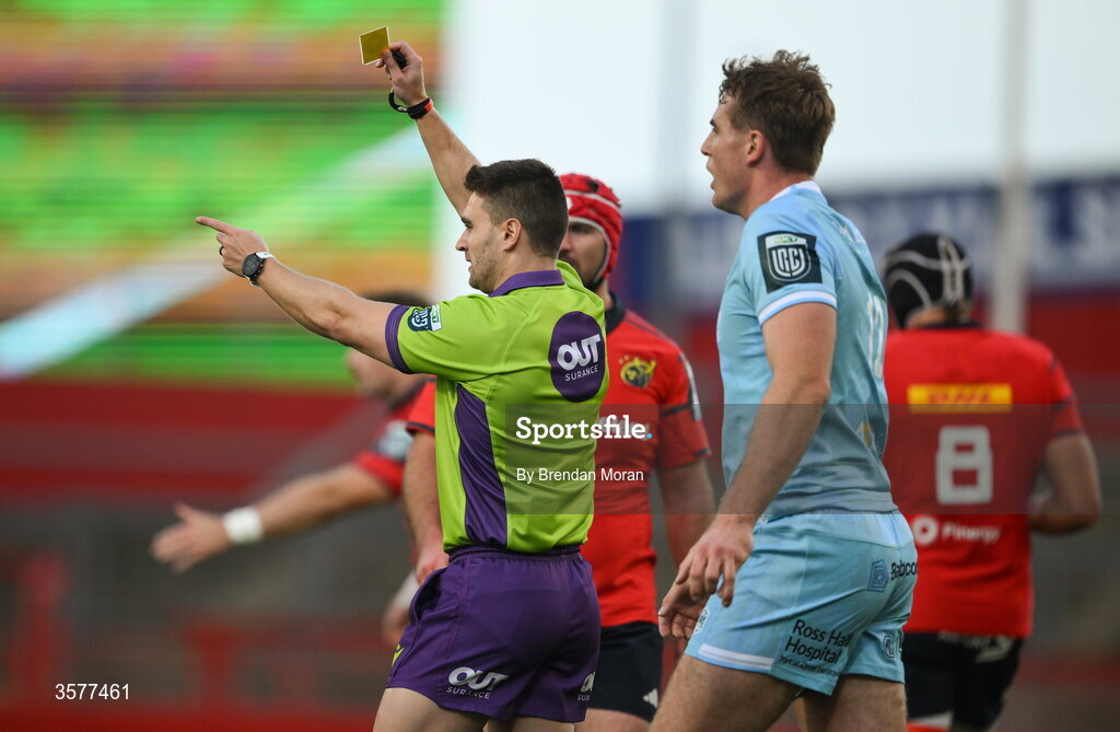 26 September 2026; referee Morne Ferreira  shows a yellow card to Stafford McDowall of Glasgow Warriors during the United Rugby Championship match between Munster and Glasgow Warriors at Thomond Park in Limerick. Photo by Brendan Moran/Sportsfile