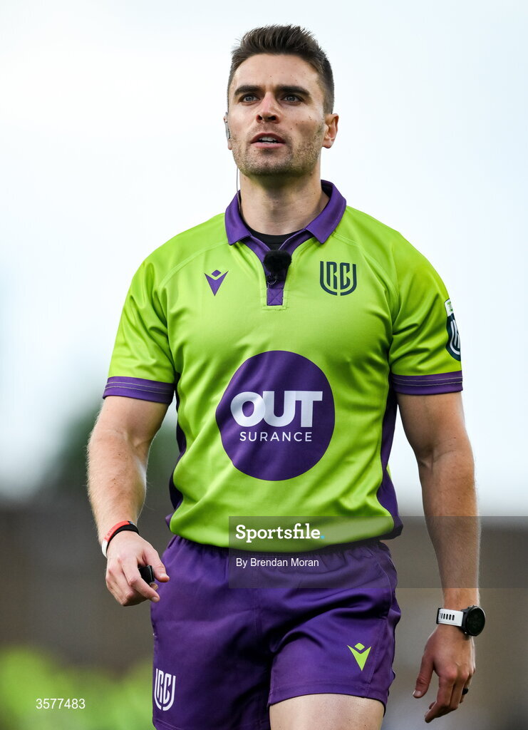 26 September 2026; Referee Morne Ferreira during the United Rugby Championship match between Munster and Glasgow Warriors at Thomond Park in Limerick. Photo by Brendan Moran/Sportsfile