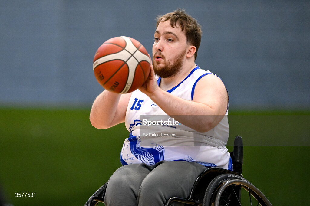 26 September 2026; Jamie Kelly of Clonaslee WBC in action during the Basketball Ireland National Cup quarter-final between Titans BC and Clonaslee WBC in the Irish Wheelchair Association Sports Hall in Clontarf, Dublin. Photo by Eakin Howard/Sportsfile