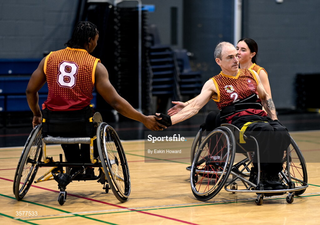 26 September 2026; Liam O'Boyle of Titans BC high fives team-mate Xtremea Ewean after the Basketball Ireland National Cup quarter-final between Titans BC and Clonaslee WBC in the Irish Wheelchair Association Sports Hall in Clontarf, Dublin. Photo by Eakin Howard/Sportsfile