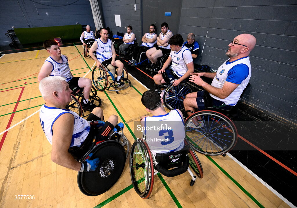 26 September 2026; Clonaslee WBC huddle for a timeout during the Basketball Ireland National Cup quarter-final between Titans BC and Clonaslee WBC in the Irish Wheelchair Association Sports Hall in Clontarf, Dublin. Photo by Eakin Howard/Sportsfile