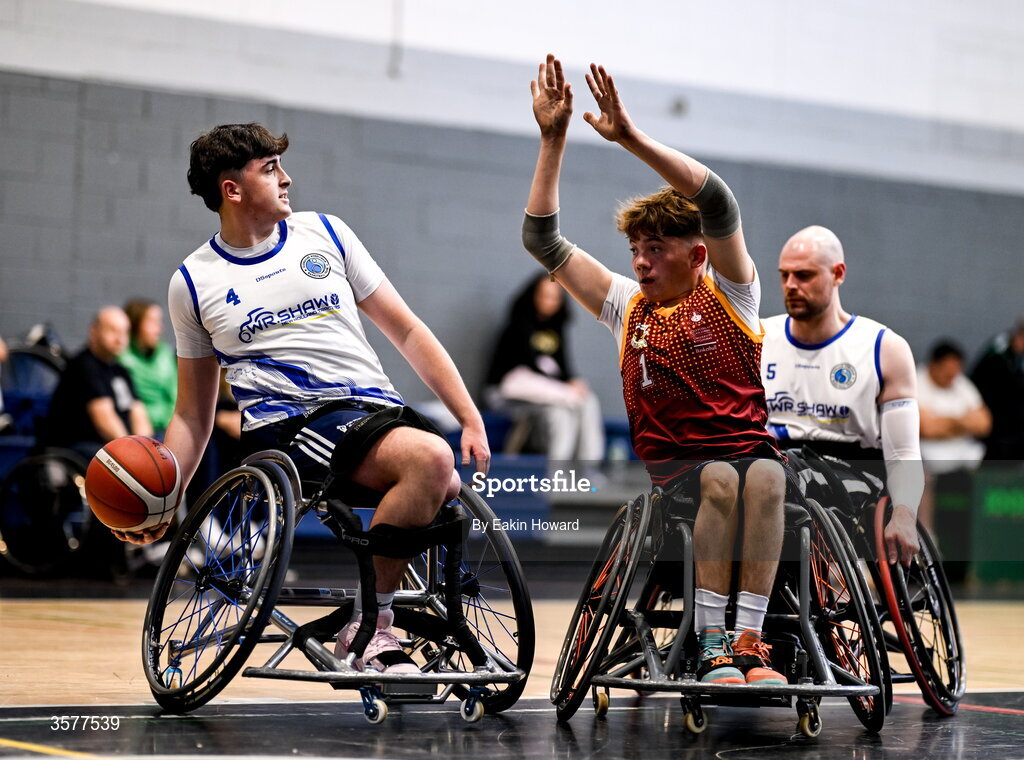 26 September 2026; Conor Dufficy of Clonaslee WBC in action against Ethan Leonard of Titans BC during the Basketball Ireland National Cup quarter-final between Titans BC and Clonaslee WBC in the Irish Wheelchair Association Sports Hall in Clontarf, Dublin. Photo by Eakin Howard/Sportsfile