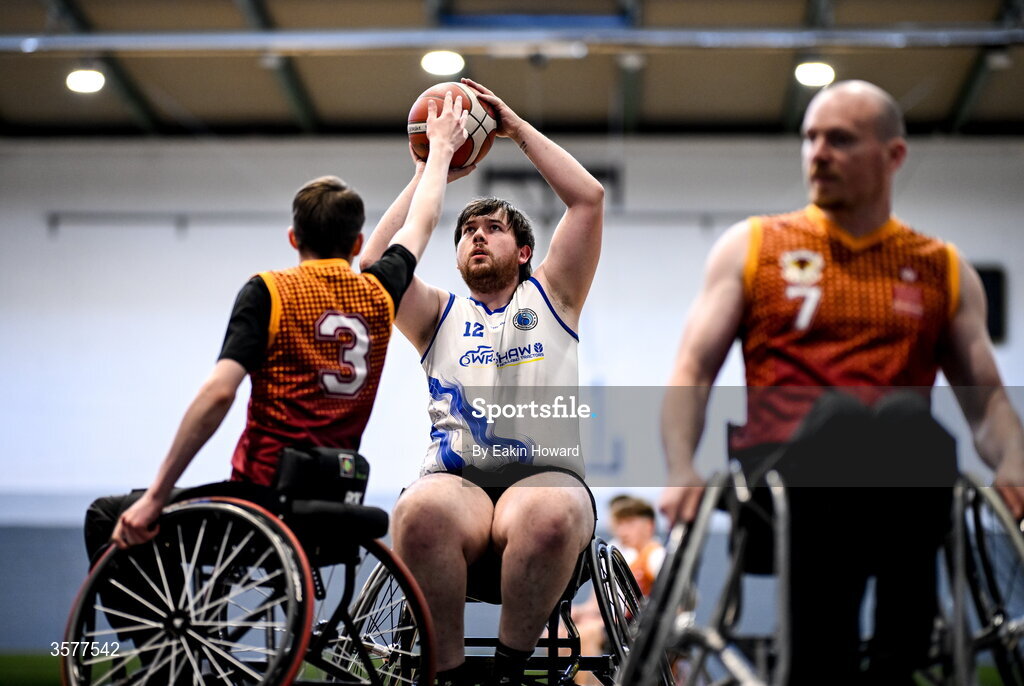 26 September 2026; Ross Doran of Clonaslee WBC in action against John Blake of Titans BC during the Basketball Ireland National Cup quarter-final between Titans BC and Clonaslee WBC in the Irish Wheelchair Association Sports Hall in Clontarf, Dublin. Photo by Eakin Howard/Sportsfile