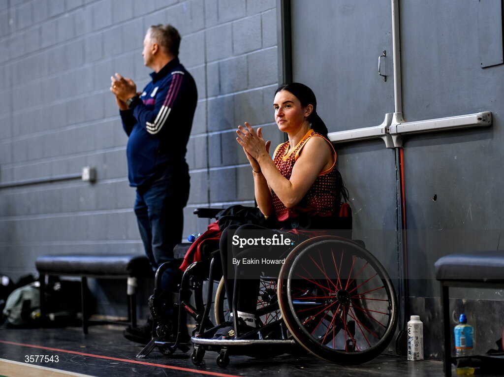 26 September 2026; Elaine O'Halloran of Titans BC claps from the bench during the Basketball Ireland National Cup quarter-final between Titans BC and Clonaslee WBC in the Irish Wheelchair Association Sports Hall in Clontarf, Dublin. Photo by Eakin Howard/Sportsfile