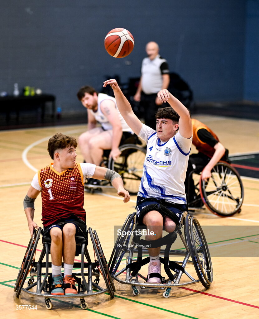 26 September 2026; Conor Dufficy of Clonaslee WBC in action against Ethan Leonard of Titans BC during the Basketball Ireland National Cup quarter-final between Titans BC and Clonaslee WBC in the Irish Wheelchair Association Sports Hall in Clontarf, Dublin. Photo by Eakin Howard/Sportsfile