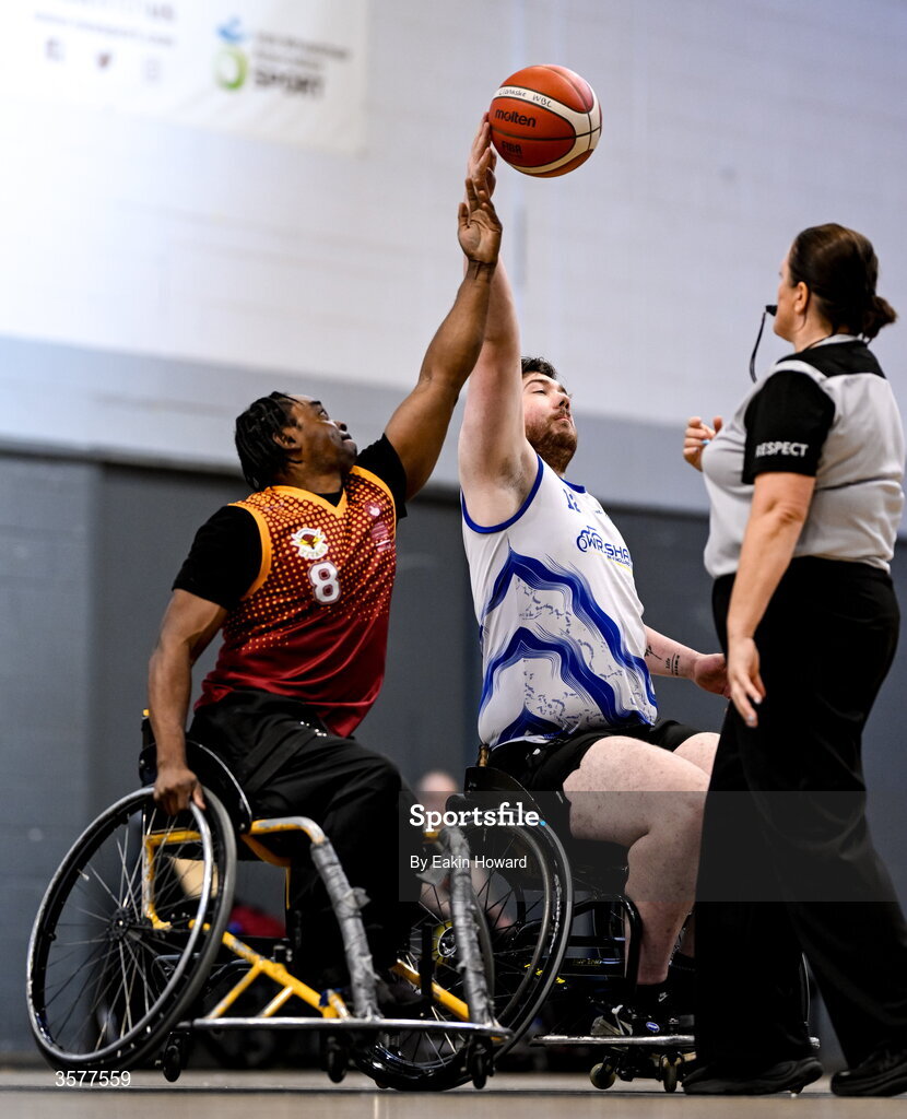 26 September 2026; Ross Doran of Clonaslee WBC in action against Xtremea Ewean of Titans BC during the Basketball Ireland National Cup quarter-final between Titans BC and Clonaslee WBC in the Irish Wheelchair Association Sports Hall in Clontarf, Dublin. Photo by Eakin Howard/Sportsfile