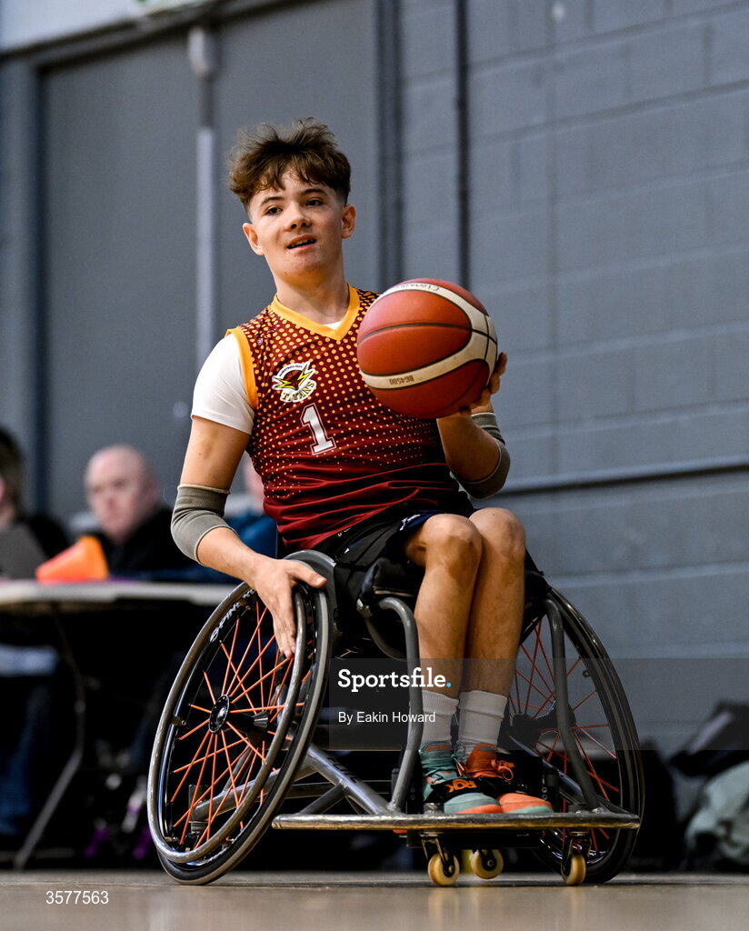 26 September 2026; Ethan Leonard of Titans BC in action during the Basketball Ireland National Cup quarter-final between Titans BC and Clonaslee WBC in the Irish Wheelchair Association Sports Hall in Clontarf, Dublin. Photo by Eakin Howard/Sportsfile