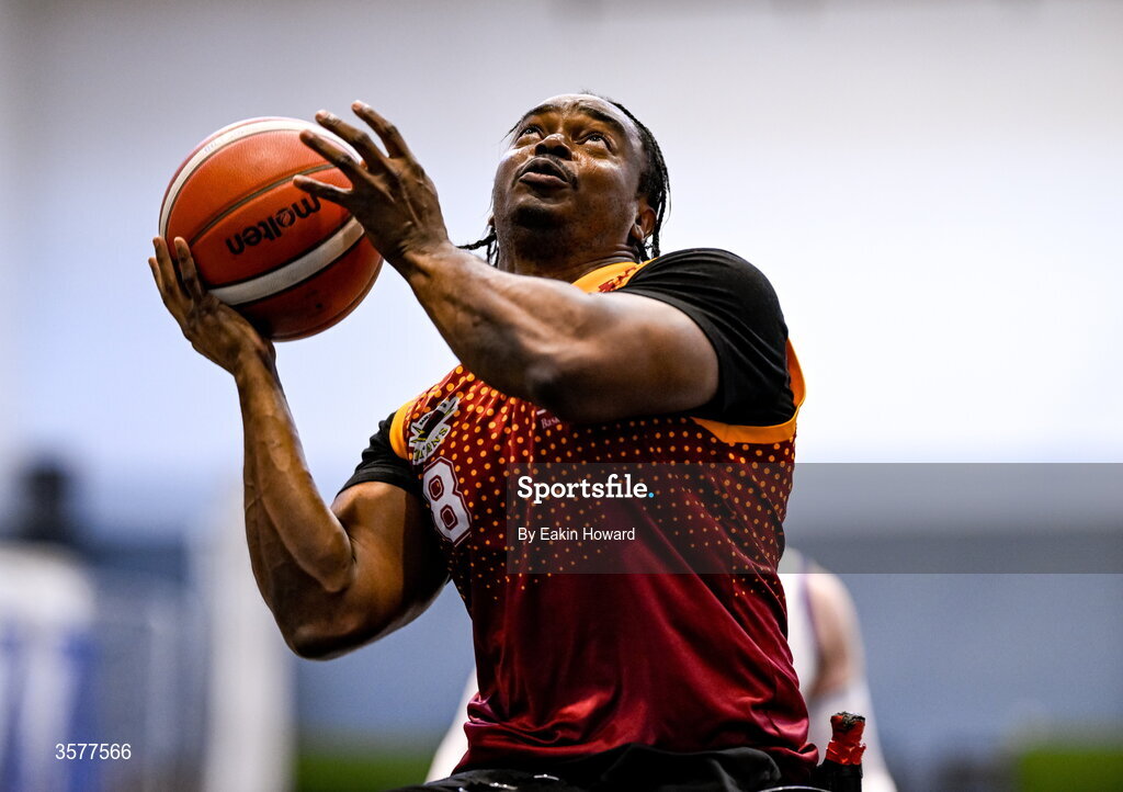 26 September 2026; Xtremea Ewean of Titans BC in action during the Basketball Ireland National Cup quarter-final between Titans BC and Clonaslee WBC in the Irish Wheelchair Association Sports Hall in Clontarf, Dublin. Photo by Eakin Howard/Sportsfile