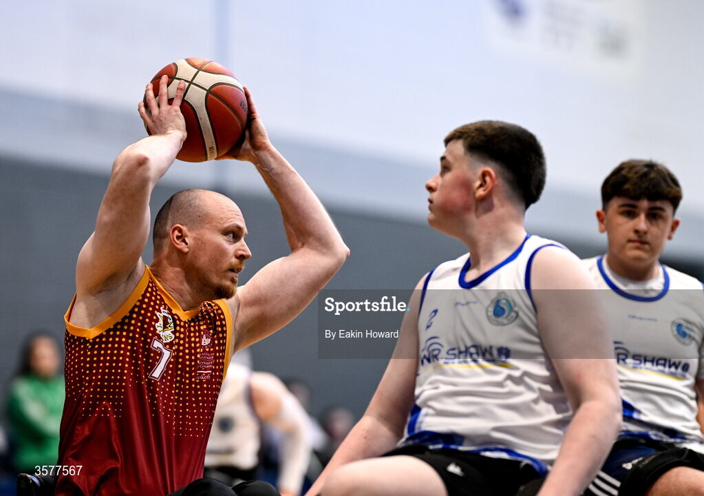 26 September 2026; Stephen Melvin of Titans BC in action against Michael Dennedy of Clonaslee WBC during the Basketball Ireland National Cup quarter-final between Titans BC and Clonaslee WBC in the Irish Wheelchair Association Sports Hall in Clontarf, Dublin. Photo by Eakin Howard/Sportsfile