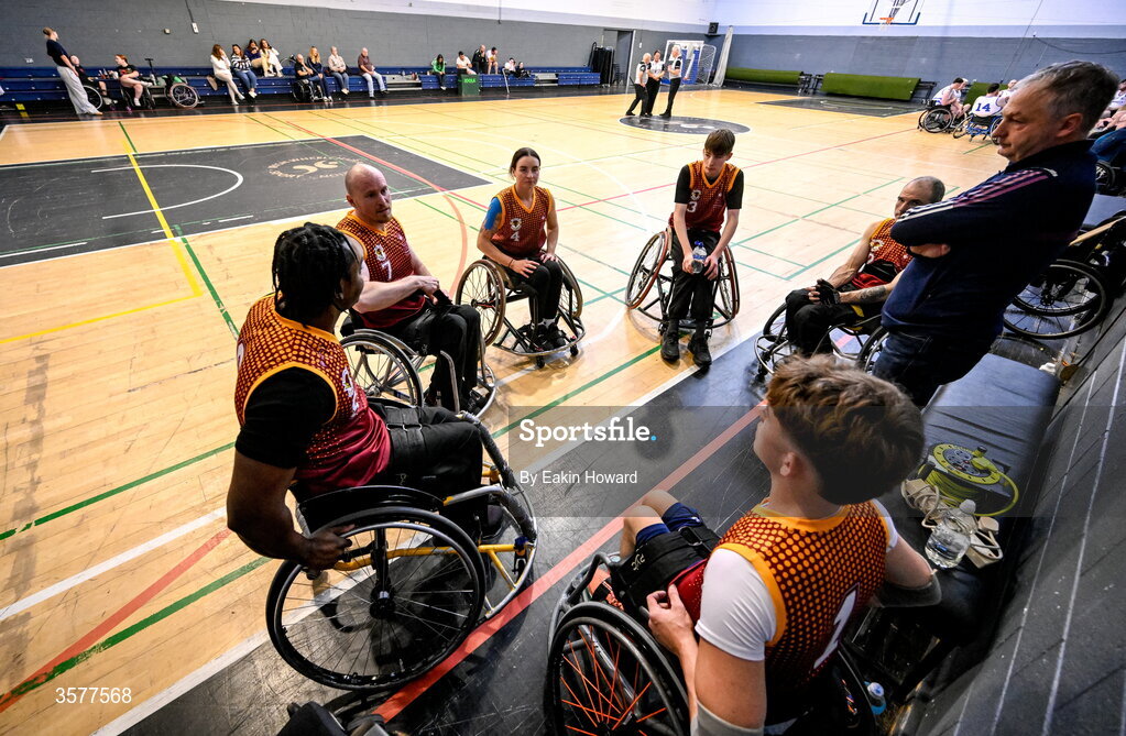 26 September 2026; Titans BC huddle for a timeout during the Basketball Ireland National Cup quarter-final between Titans BC and Clonaslee WBC in the Irish Wheelchair Association Sports Hall in Clontarf, Dublin. Photo by Eakin Howard/Sportsfile