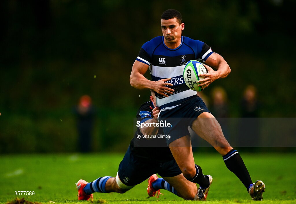 26 September 2026; Jordan Conroy of Wanderers is tackled by Harry Rogers of Galway Corinthians during the Energia Men's All-Ireland League Division 2A match between Galway Corinthians and Wanderers at Dangan Sportground in Galway. Photo by Shauna Clinton/Sportsfile