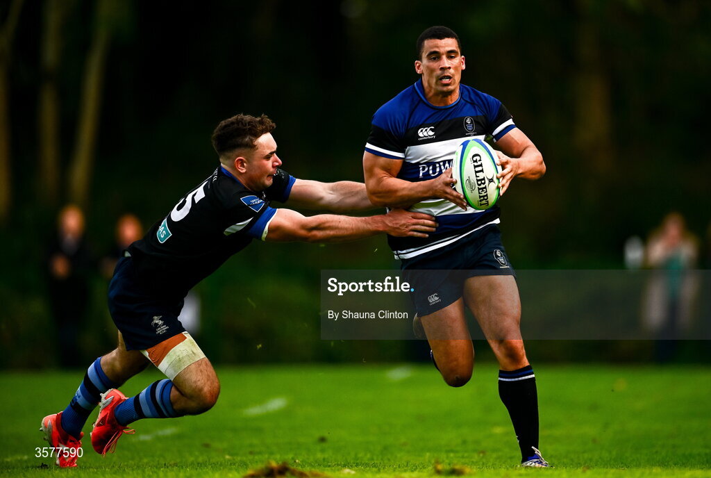 26 September 2026; Jordan Conroy of Wanderers is tackled by Harry Rogers of Galway Corinthians during the Energia Men's All-Ireland League Division 2A match between Galway Corinthians and Wanderers at Dangan Sportground in Galway. Photo by Shauna Clinton/Sportsfile