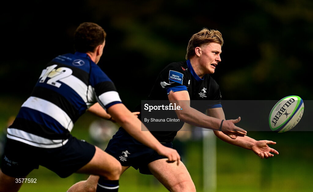 26 September 2026; Billy Cross of Galway Corinthians in action against James Gorham of Wanderers during the Energia Men's All-Ireland League Division 2A match between Galway Corinthians and Wanderers at Dangan Sportground in Galway. Photo by Shauna Clinton/Sportsfile