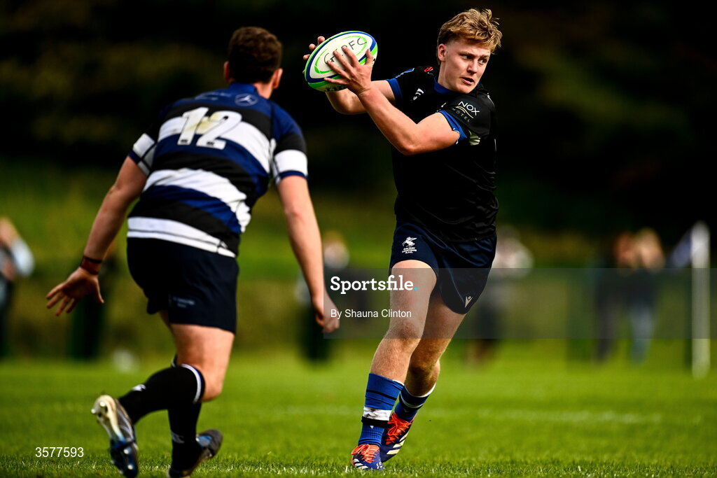 26 September 2026; Billy Cross of Galway Corinthians in action against James Gorham of Wanderers during the Energia Men's All-Ireland League Division 2A match between Galway Corinthians and Wanderers at Dangan Sportground in Galway. Photo by Shauna Clinton/Sportsfile