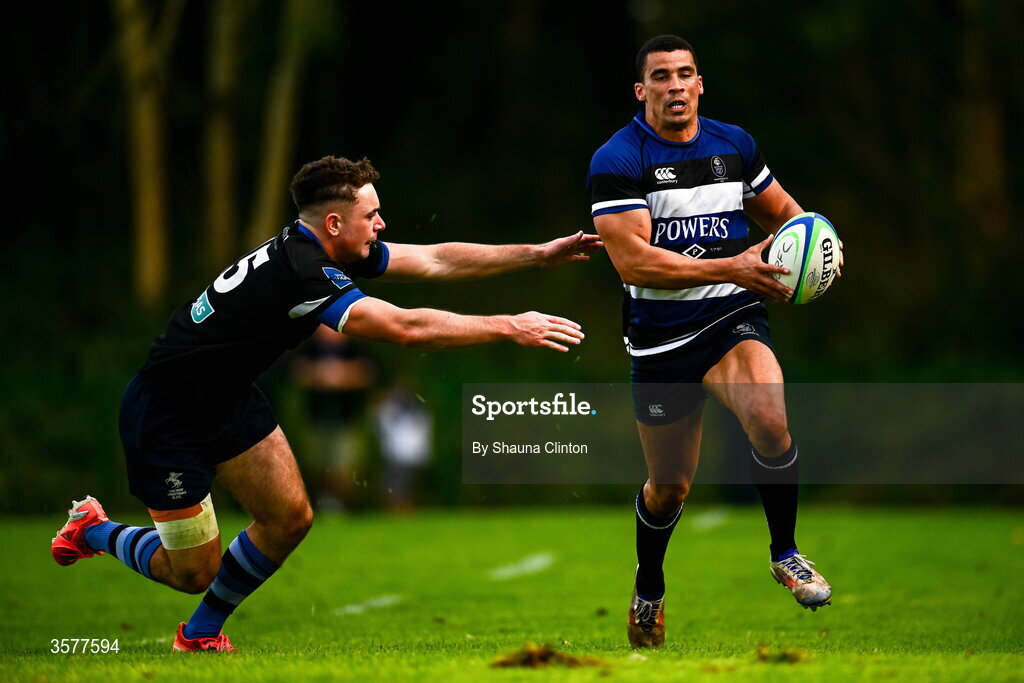 26 September 2026; Jordan Conroy of Wanderers is tackled by Harry Rogers of Galway Corinthians during the Energia Men's All-Ireland League Division 2A match between Galway Corinthians and Wanderers at Dangan Sportground in Galway. Photo by Shauna Clinton/Sportsfile