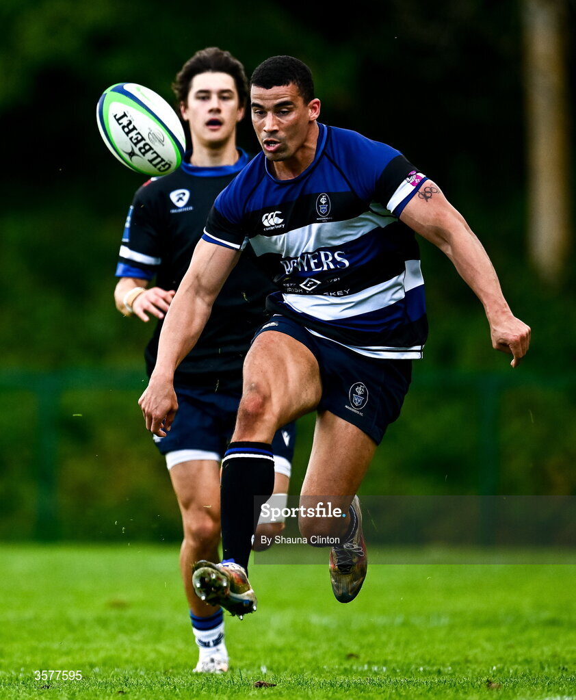 26 September 2026; Jordan Conroy of Wanderers kicks on during the Energia Men's All-Ireland League Division 2A match between Galway Corinthians and Wanderers at Dangan Sportground in Galway. Photo by Shauna Clinton/Sportsfile