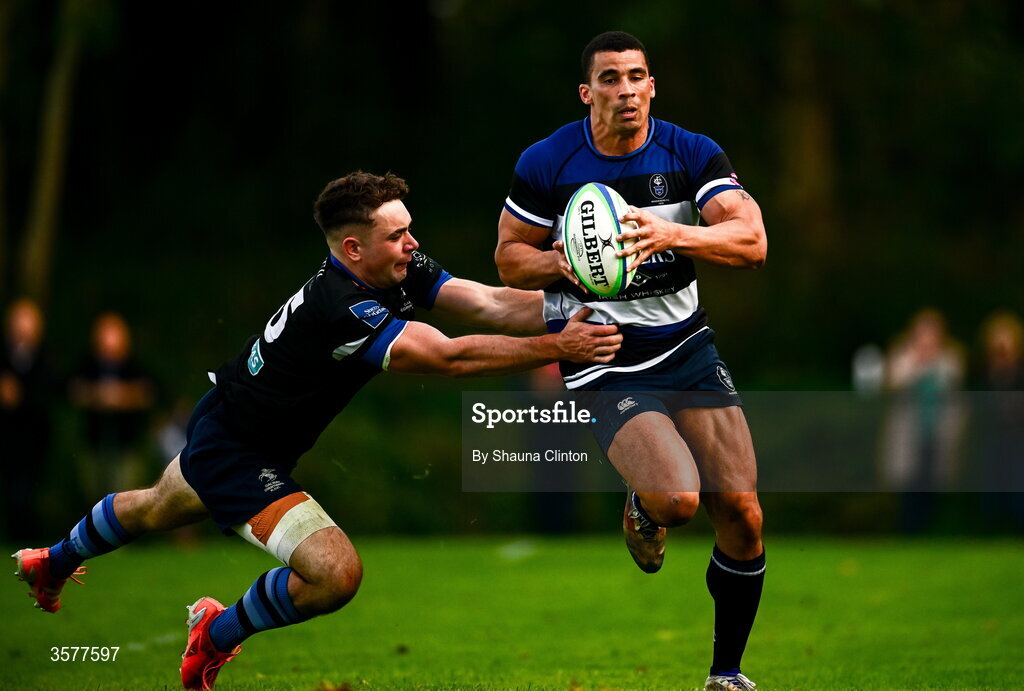 26 September 2026; Jordan Conroy of Wanderers is tackled by Harry Rogers of Galway Corinthians during the Energia Men's All-Ireland League Division 2A match between Galway Corinthians and Wanderers at Dangan Sportground in Galway. Photo by Shauna Clinton/Sportsfile