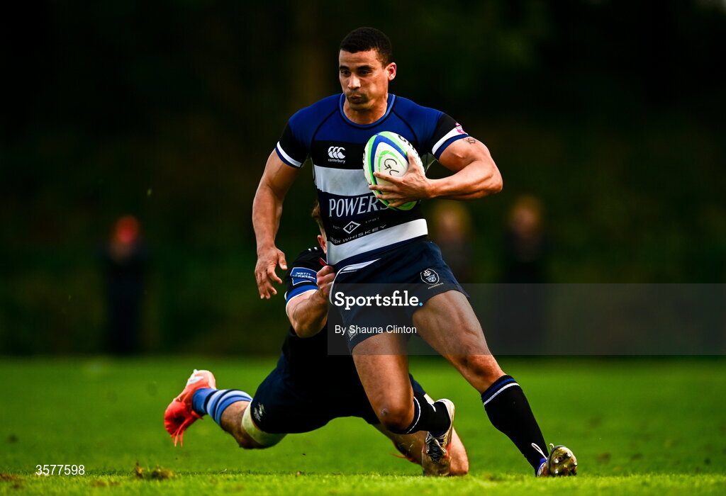 26 September 2026; Jordan Conroy of Wanderers is tackled by Harry Rogers of Galway Corinthians during the Energia Men's All-Ireland League Division 2A match between Galway Corinthians and Wanderers at Dangan Sportground in Galway. Photo by Shauna Clinton/Sportsfile