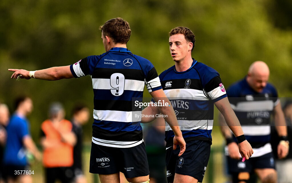 26 September 2026; Wanderers players Andrew O'Mahony, left, and James Gorham during the Energia Men's All-Ireland League Division 2A match between Galway Corinthians and Wanderers at Dangan Sportground in Galway. Photo by Shauna Clinton/Sportsfile
