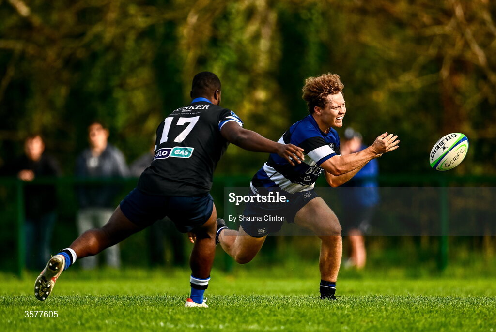 26 September 2026; Cathal MacGearailt of Wanderers in action against Adam Nash of Galway Corinthians during the Energia Men's All-Ireland League Division 2A match between Galway Corinthians and Wanderers at Dangan Sportground in Galway. Photo by Shauna Clinton/Sportsfile
