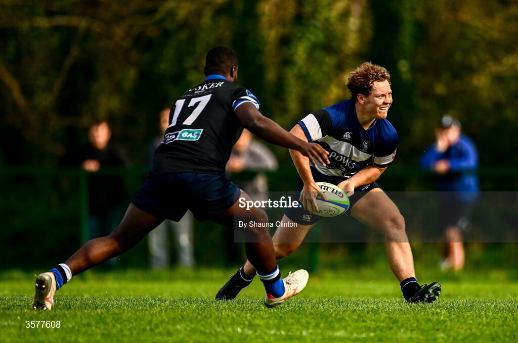 26 September 2026; Cathal MacGearailt of Wanderers in action against Adam Nash of Galway Corinthians during the Energia Men's All-Ireland League Division 2A match between Galway Corinthians and Wanderers at Dangan Sportground in Galway. Photo by Shauna Clinton/Sportsfile