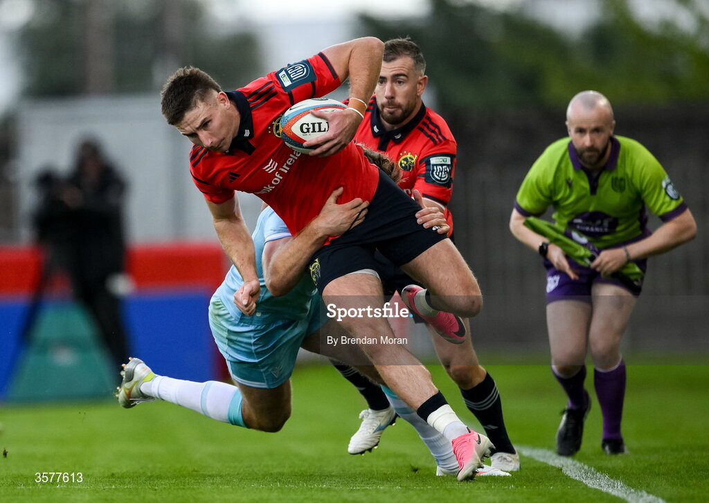 26 September 2026; Ben O’Connor of Munster is tackled by Stafford McDowall of Glasgow Warriors during the United Rugby Championship match between Munster and Glasgow Warriors at Thomond Park in Limerick. Photo by Brendan Moran/Sportsfile