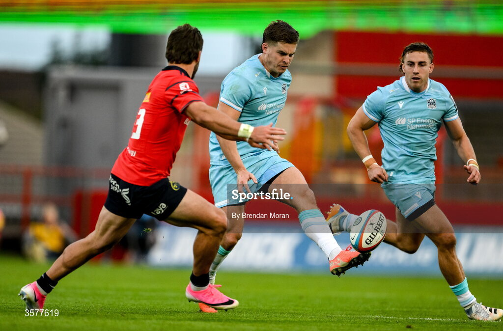 26 September 2026; Dan Lancaster of Glasgow Warriors kicks through during the United Rugby Championship match between Munster and Glasgow Warriors at Thomond Park in Limerick. Photo by Brendan Moran/Sportsfile