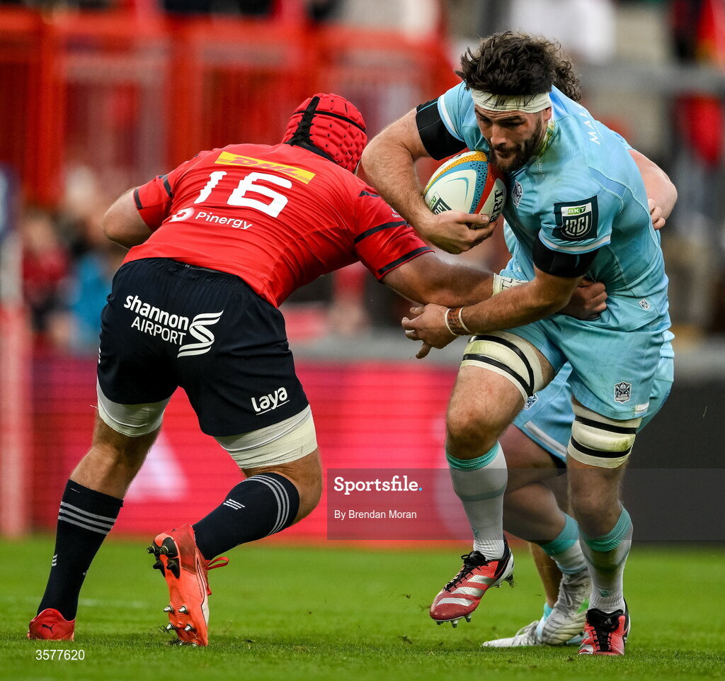 26 September 2026; Ally Miller of Glasgow Warriors is tackled by Marnus van der Merwe of Munster during the United Rugby Championship match between Munster and Glasgow Warriors at Thomond Park in Limerick. Photo by Brendan Moran/Sportsfile