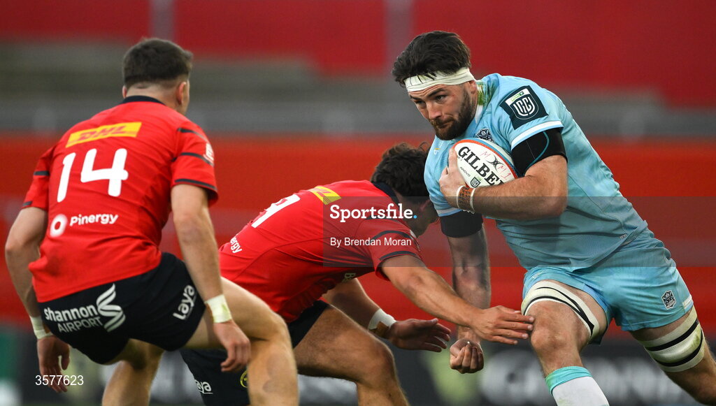 26 September 2026; Ally Miller of Glasgow Warriors is tackled by Ben O’Donovan of Munster during the United Rugby Championship match between Munster and Glasgow Warriors at Thomond Park in Limerick. Photo by Brendan Moran/Sportsfile