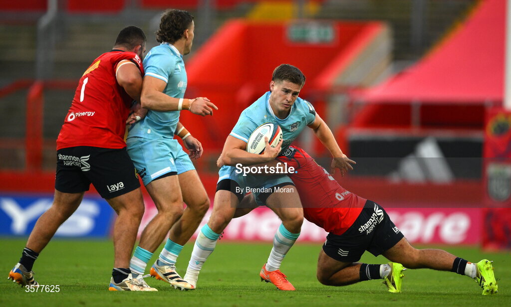 26 September 2026; Dan Lancaster of Glasgow Warriors is tackled by Ben O’Donovan of Munster during the United Rugby Championship match between Munster and Glasgow Warriors at Thomond Park in Limerick. Photo by Brendan Moran/Sportsfile
