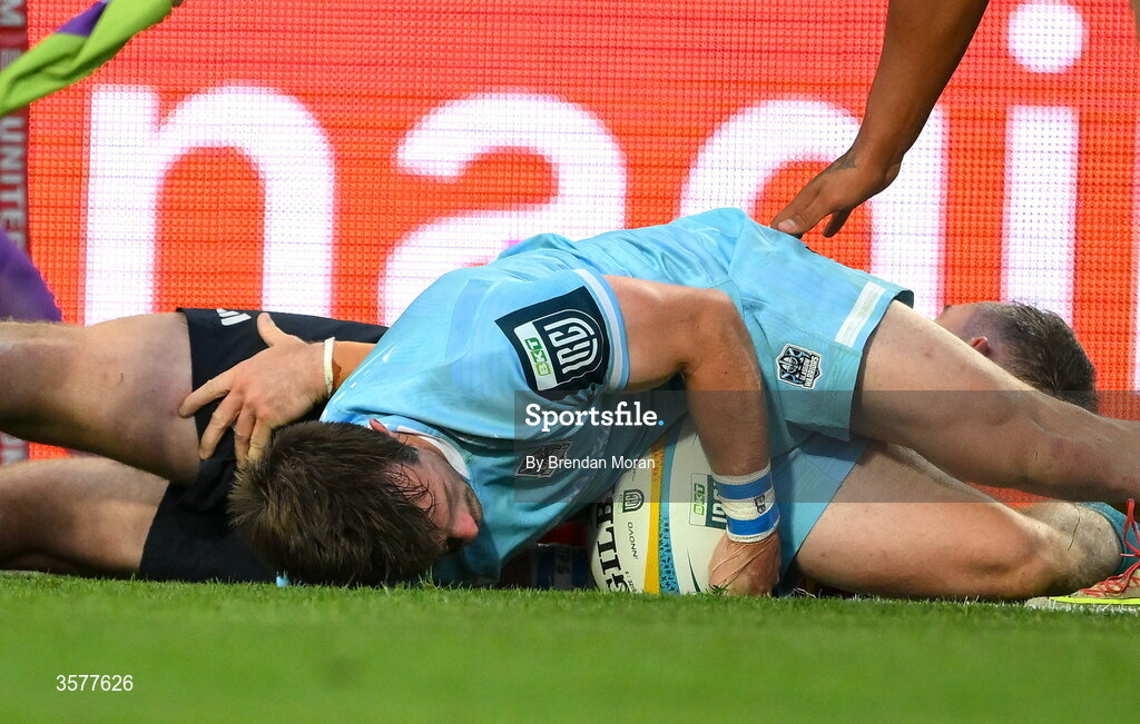 26 September 2026; George Horne of Glasgow Warriors scores his side's third try during the United Rugby Championship match between Munster and Glasgow Warriors at Thomond Park in Limerick. Photo by Brendan Moran/Sportsfile