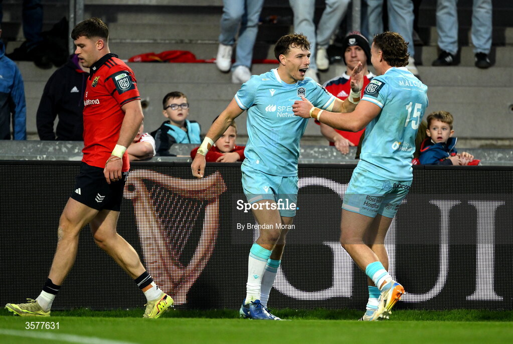 26 September 2026; Jamie Dobie of Glasgow Warriors, centre, celebrates with teammate Josh McKay, after scoring their side's fourth try during the United Rugby Championship match between Munster and Glasgow Warriors at Thomond Park in Limerick. Photo by Brendan Moran/Sportsfile
