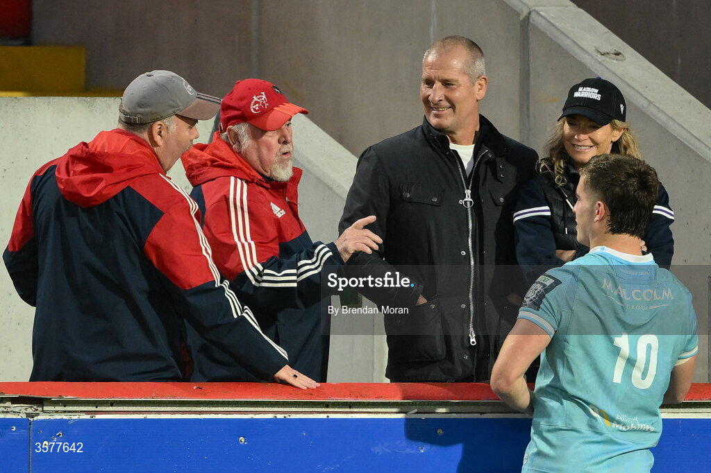 26 September 2026; Munster supporters congratuate Dan Lancaster of Glasgow Warriors and his parents, Connacht head coach Stuart Lancaster and wife Nina, after the United Rugby Championship match between Munster and Glasgow Warriors at Thomond Park in Limerick. Photo by Brendan Moran/Sportsfile