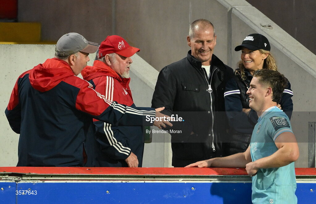 26 September 2026; Munster supporters congratuate Dan Lancaster of Glasgow Warriors and his parents, Connacht head coach Stuart Lancaster and wife Nina, after the United Rugby Championship match between Munster and Glasgow Warriors at Thomond Park in Limerick. Photo by Brendan Moran/Sportsfile