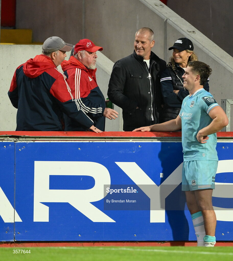26 September 2026; Munster supporters congratuate Dan Lancaster of Glasgow Warriors and his parents, Connacht head coach Stuart Lancaster and wife Nina, after the United Rugby Championship match between Munster and Glasgow Warriors at Thomond Park in Limerick. Photo by Brendan Moran/Sportsfile
