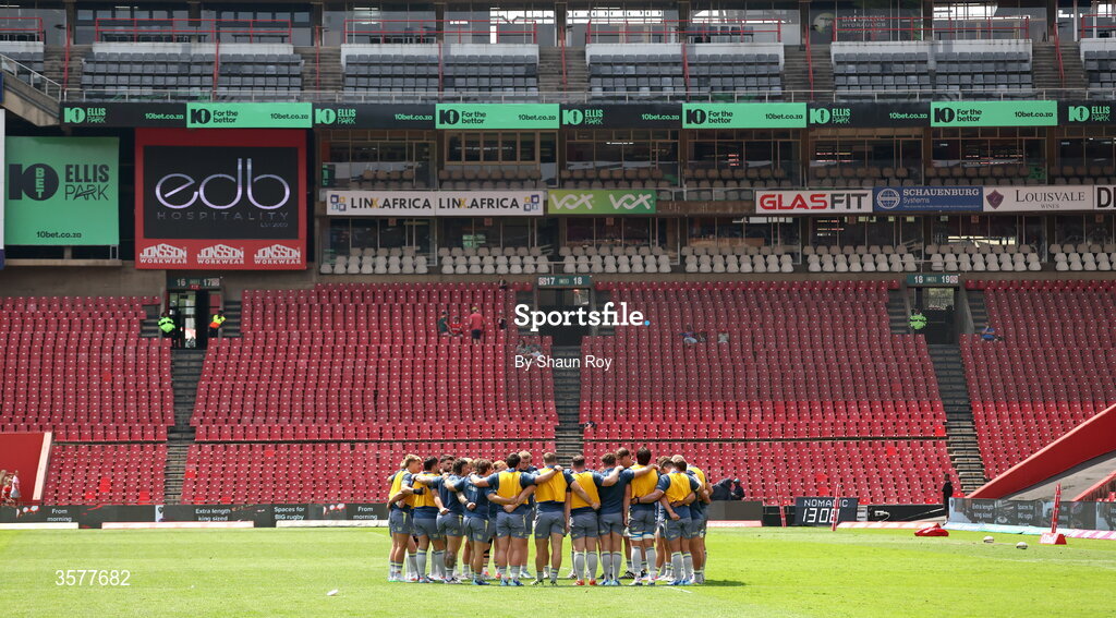 26 September 2026; Leinster huddle before the United Rugby Championship match between Lions and Leinster at Ellis Park in Johannesburg, South Africa. Photo by Shaun Roy/Sportsfile