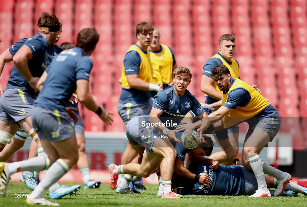 26 September 2026; Leinster players warm up before the United Rugby Championship match between Lions and Leinster at Ellis Park in Johannesburg, South Africa. Photo by Shaun Roy/Sportsfile
