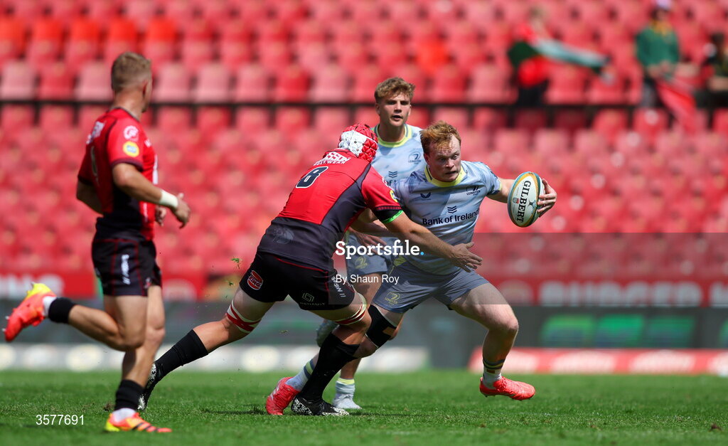 26 September 2026; Hugh Cooney of Leinster in action against Francke Horne of 10bet Lions during the United Rugby Championship match between Lions and Leinster at Ellis Park in Johannesburg, South Africa. Photo by Shaun Roy/Sportsfile